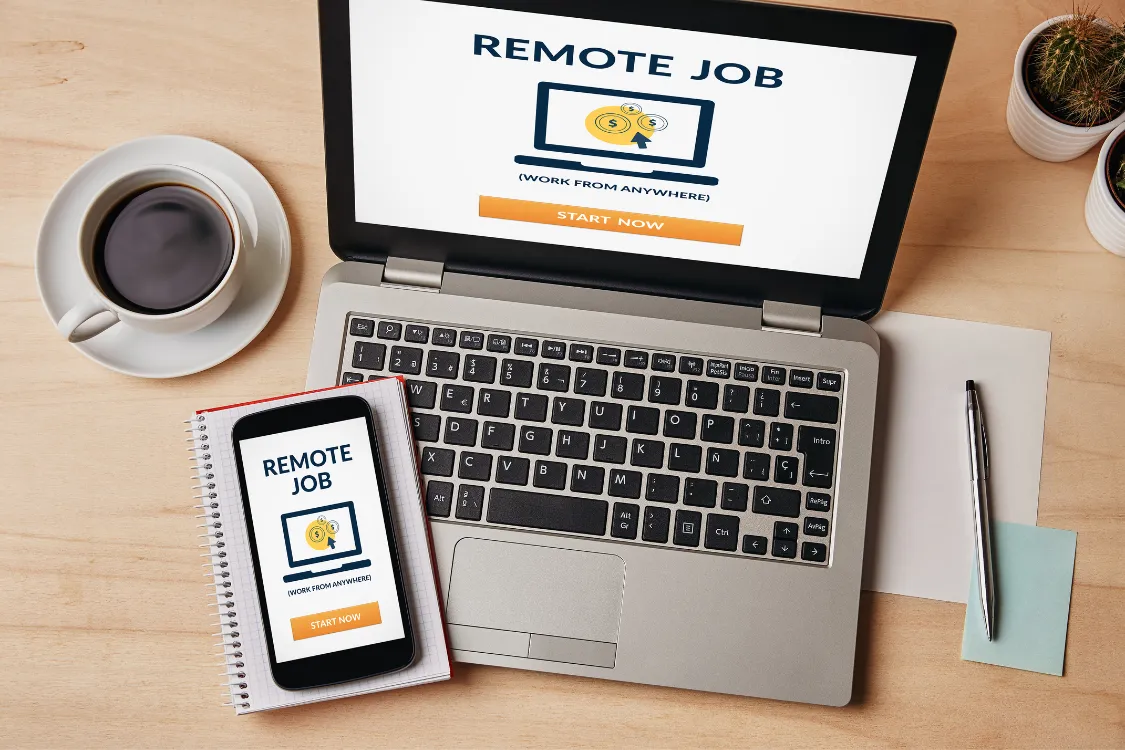 Remote job listing shown on both laptop and mobile screen