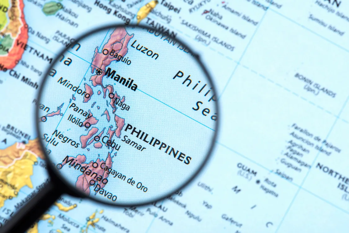 Closeup of Philippines map highlighting Manila, Cebu, and Davao