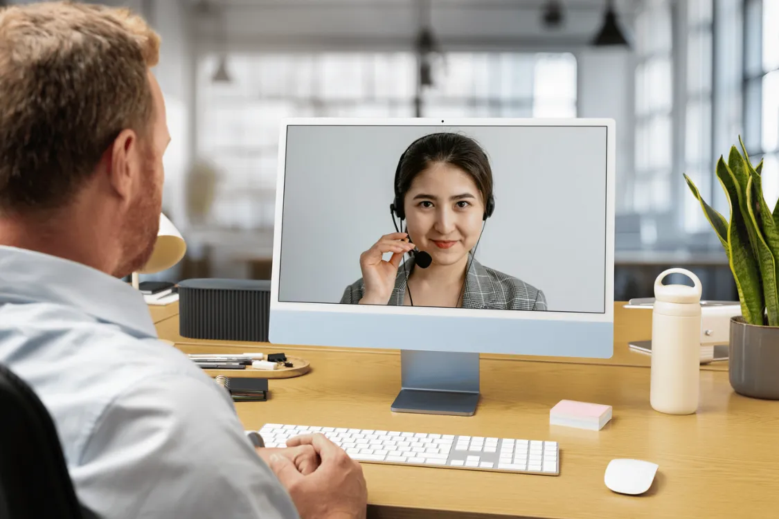 Male business owner speaking with a female customer support agent via video call