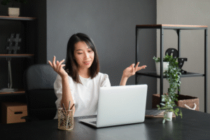 Woman talking via video call with animated hands.