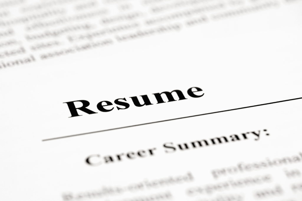 Close-up of a resume.