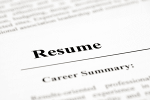 Close-up of a resume.