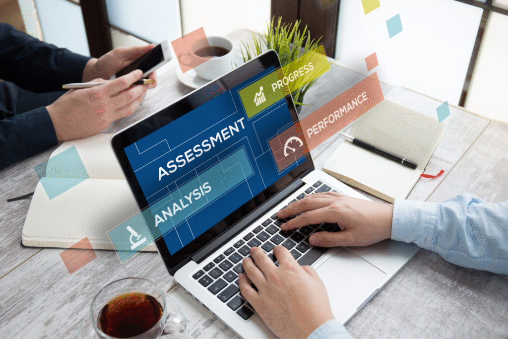 Laptop showing assessment and performance metrics during candidate evaluation