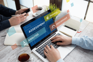 Laptop showing assessment and performance metrics during candidate evaluation