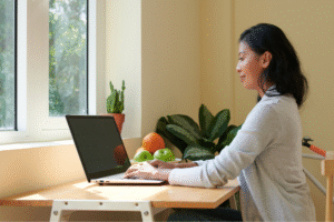Filipino woman working remotely on a laptop near a window with natural light.