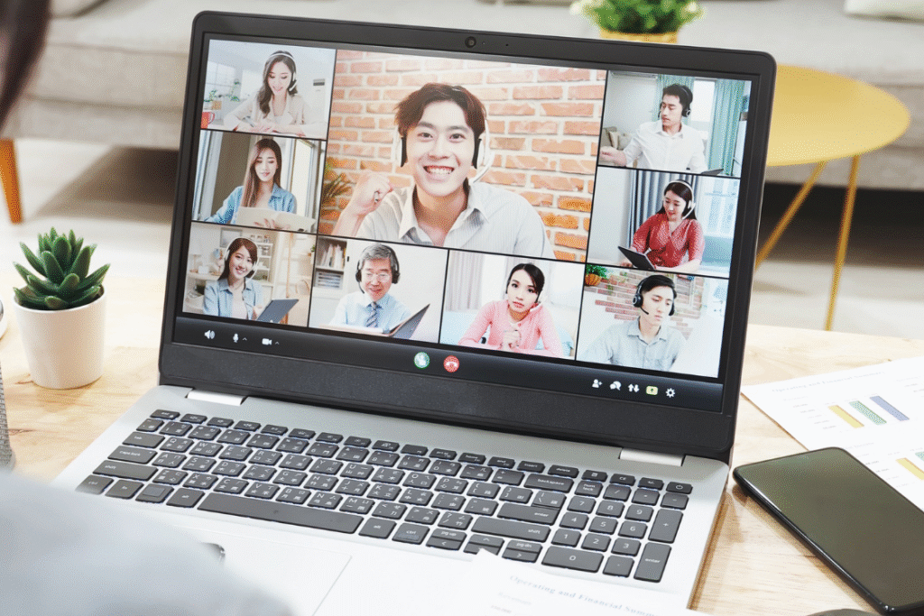 Remote team on a video conference, showing friendly engagement and team bonding across multiple locations