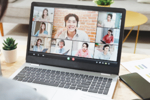 Remote team on a video conference, showing friendly engagement and team bonding across multiple locations