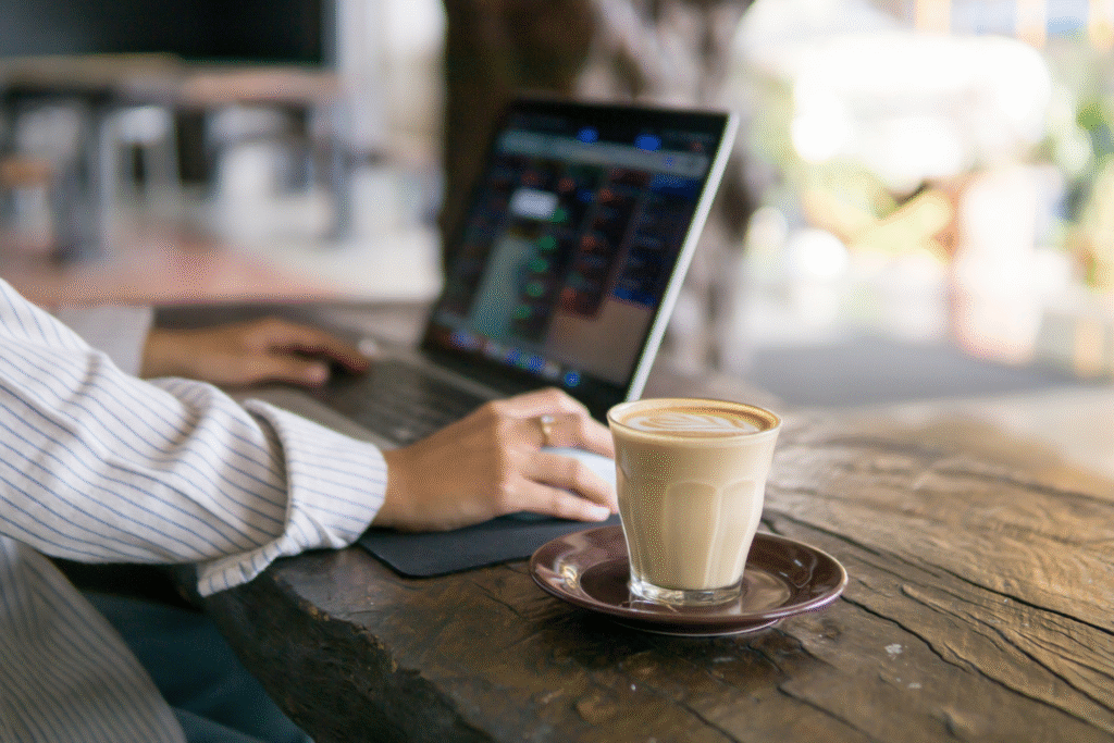 Remote worker working in a cafe.