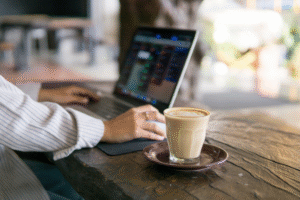 Remote worker working in a cafe.