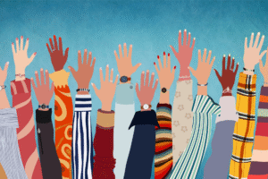 Illustration of diverse raised hands representing inclusion and cultural integration in global teams