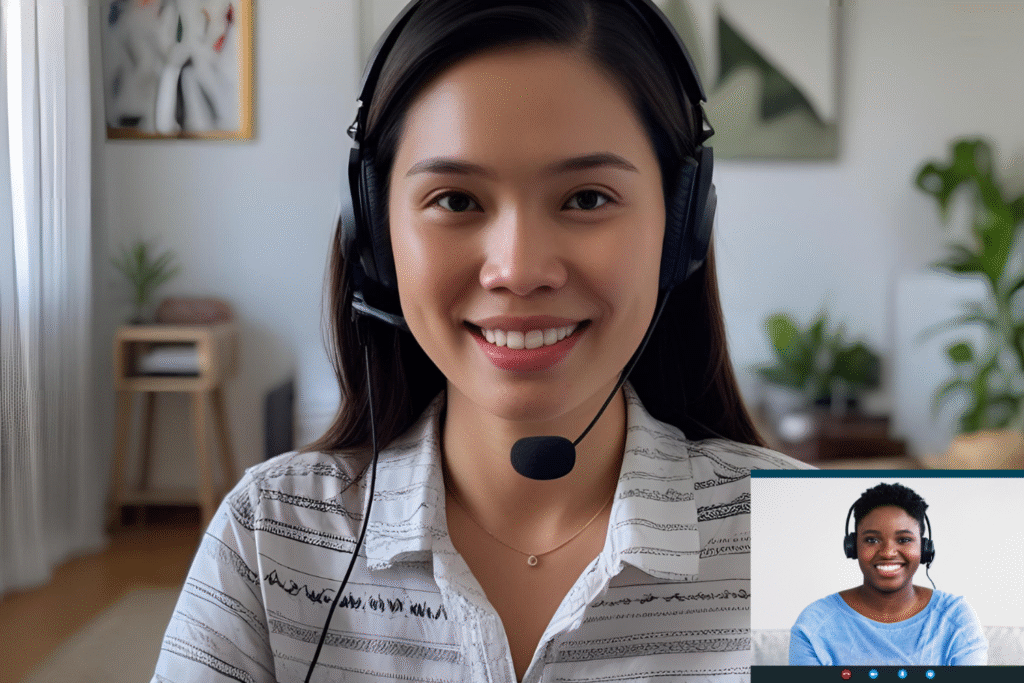 Filipino remote worker on video call.