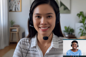 Filipino remote worker on video call.