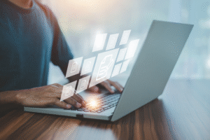 Person working on his laptop.