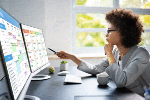 Woman pointing at project management software on computer screen.