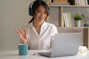 Remote worker with headset during a video call.