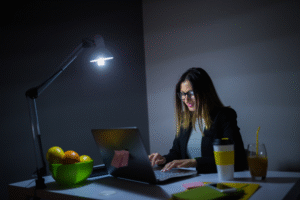 Remote employee working at night.