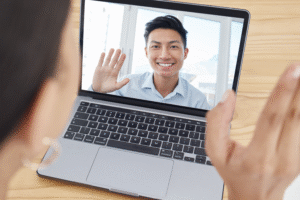Two people on a video call meeting.